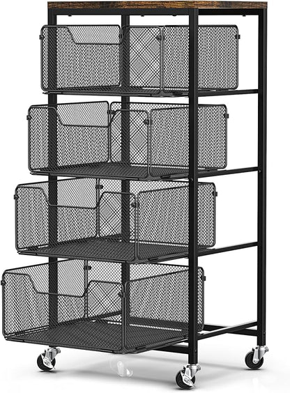 Rolling Cart with Drawers, 4-Tier Utility Cart Storage Organizer with Lockable Wheels, Metal Craft Storage Cart with Wooden Top for Kitchen, Bathroom, School, Studio, Office, Bedroom, Black
