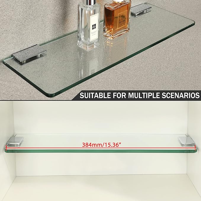 SAYAYO Floating Glass Shelves for Bathroom, 2/7 Inch Thicken Tempered Glass Shelf for Wall, 15 x 5 Inch 2 Pcs, Clear