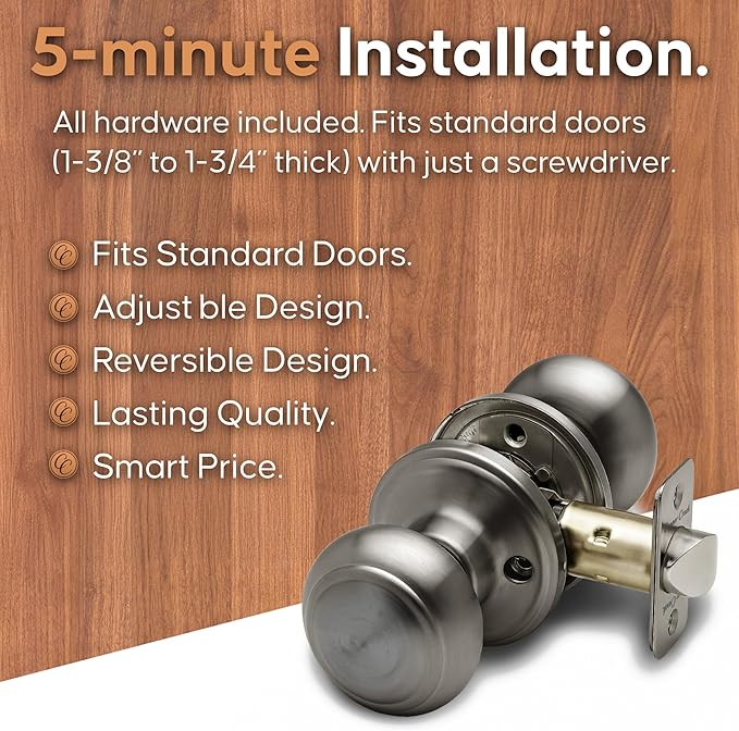 Copper Creek Colonial Passage Interior Door Knob – ANSI Grade-3 Certified, Modern Heavy Duty Handle, Easy Install and Reversible for Bedroom, Bathroom and Closets – Antique Nickel (1 Pack)