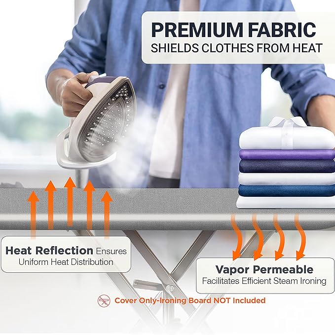 Ironing Board Cover and Pad 15"x54" Extra Thick Natural Cotton, Scorch and Stain Resistant Padding, Standard Size Iron Board Cover with Fasteners Heavy Duty Elastic Edge, Heatproof Gray