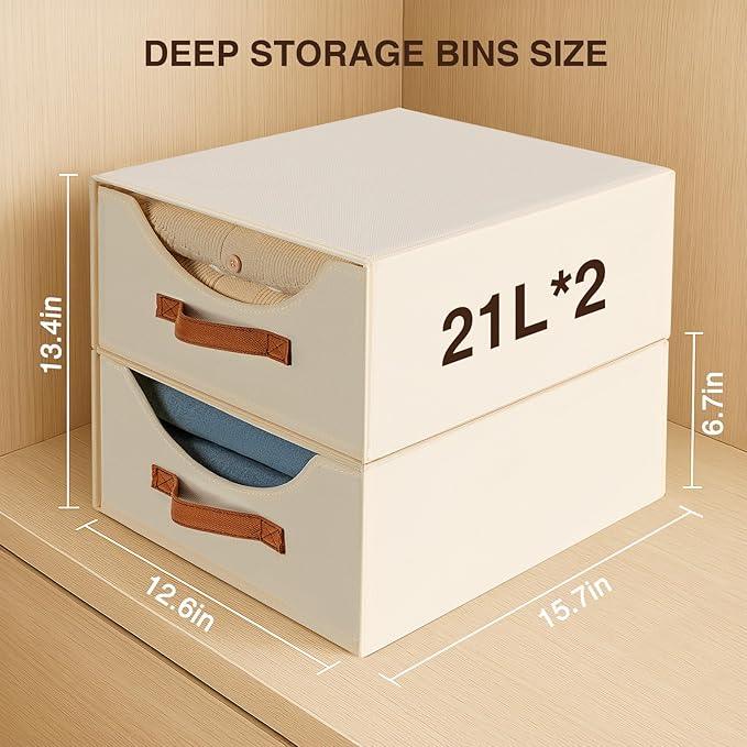 Large Stackable Storage Bins - Fabric Pull-out Closet Shelf Organizer, Linen Closet Organizers and Storage, Decorative Storage Boxes for Bedroom, Office, Dorm, 3 Pack, Beige