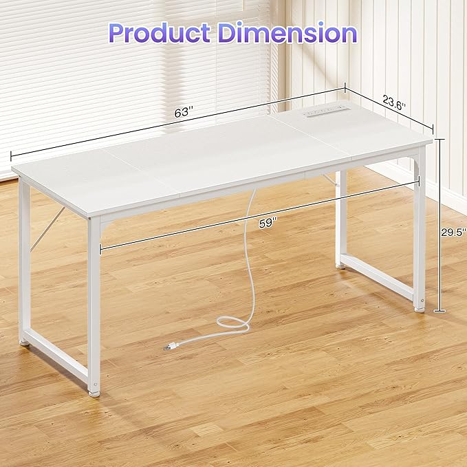PRAISUN 63 X 24 Inch Office Computer Desk with Power Outlets and USB-C Port, Larger and Longer Gaming Desk, for Home Office, Study, Writing Work from Home Table, Metal Frame, Rustic Brown