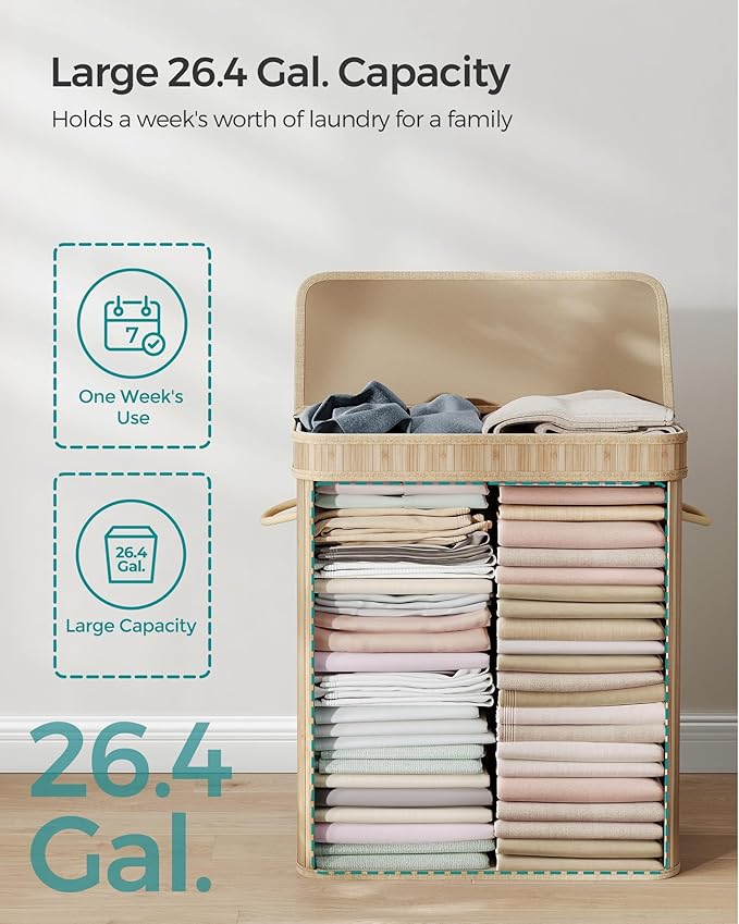 SONGMICS Laundry Hamper with Lid, Bamboo Laundry Basket, Removable Machine Washable Laundry Basket, with Handles, 26.4-Gallons, for Laundry Room, Bedroom, Bathroom, Natural Beige ULCB063N01