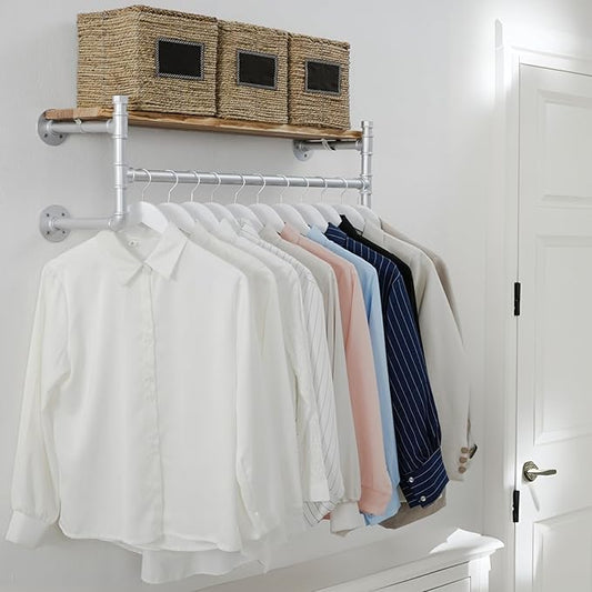 WEBI Wall Mounted Clothes Rack with Shelf,32" Industrial Pipe Clothing Rack with Shelf with Hanging Rod,Heavy Duty Iron Garment Rack Bar,Retail Display Clothes Rod for Laundry Room,Closet,Silver