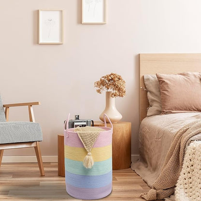 Rope Laundry Basket Hamper for Kids Girl Woven Storage Basket for Living Room Bedroom Boho Tall Baskets for Blanket Toys Pillow Towels Baby Nursery Hamper Bin rainbow Large