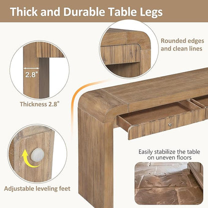 54.3" Rustic Console Table with Fluted Drawer Front,Entryway Table with Curved Corners & Thick Legs,Sturdy Sofa Table for Hallway & Living Room,Natural