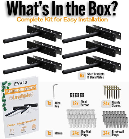 EVALD LevelMate™ 6" Titan-Mount Floating Shelf Brackets | Heavy Duty Hidden Black Carbon Steel Wall Supports for Wood Mantel, Bookshelf, Kitchen & Office Shelving | Invisible Bracket Hardware (6 Pack)