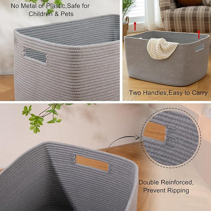OIAHOMY XXLarge Rectangle Blanket Basket-96L, Cotton Woven Basket for Storage, Dirty Clothes Basket for Living Room, Nursery, Bedroom, Toy Organizing with Handle, 24" x 16" x 15", Grey