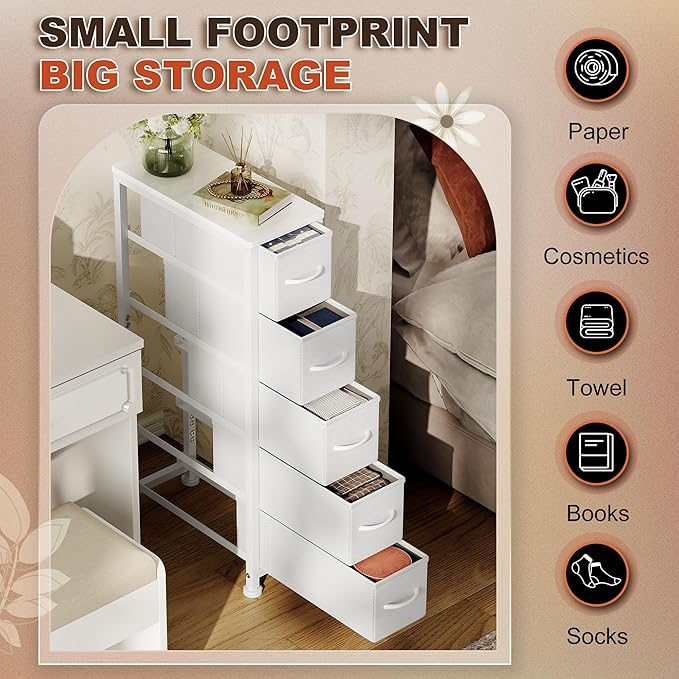 Narrow Dresser Storage Tower with 5 Drawers, Slim Dresser Chest of Drawers with Steel Frame, Wood Top, Dresser for Bedroom, Bathroom, Small Spaces, Laundry, Closet, White