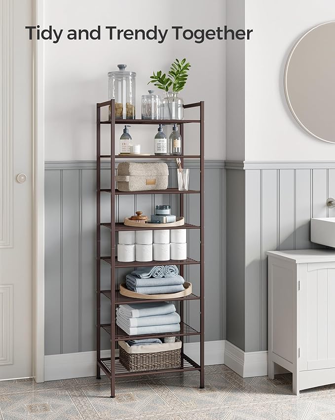 SONGMICS Narrow Shoe Rack - Sturdy 8 Tier Metal Tall Shoe Rack Shelf, Slim Shoe Storage Organizer for Closet Entryway Small Spaces, Bronze, 12"D x 17.6"W x 50.6"H
