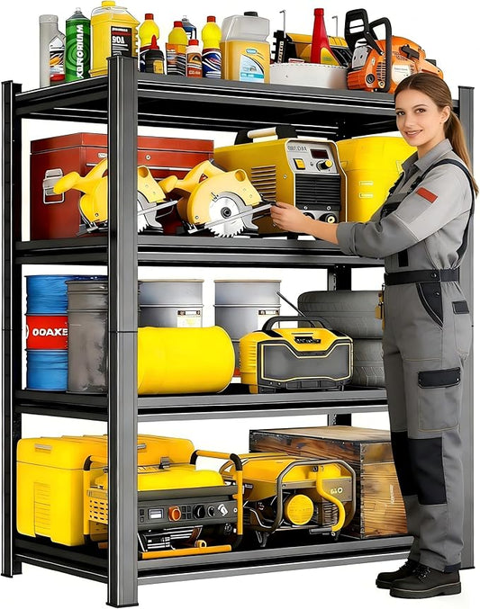 48" W x 24" D Garage Shelving Heavy Duty Unit, 4-Tier Adjustable Metal Storage Shelves, 2400 lbs Industrial Shelf Stand Organizer for Garage, Basement, Warehouse, Pantry, Kitchen, Black, 63" H