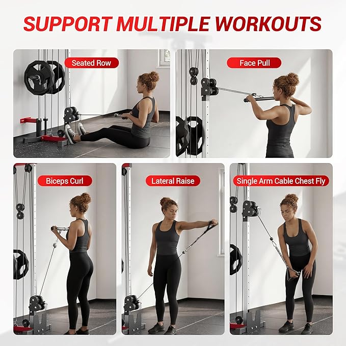 Wall Mount Cable Station – Dual Pulley Cable Crossover Machine with 18 Adjustable Positions, Tricep Rope, T-Bar, LAT Pulldown Bar & Foot Board for Home Gym Strength Training