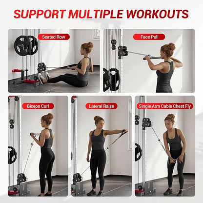 Wall Mount Cable Station – Dual Pulley Cable Crossover Machine with 18 Adjustable Positions, Tricep Rope, T-Bar, LAT Pulldown Bar & Foot Board for Home Gym Strength Training
