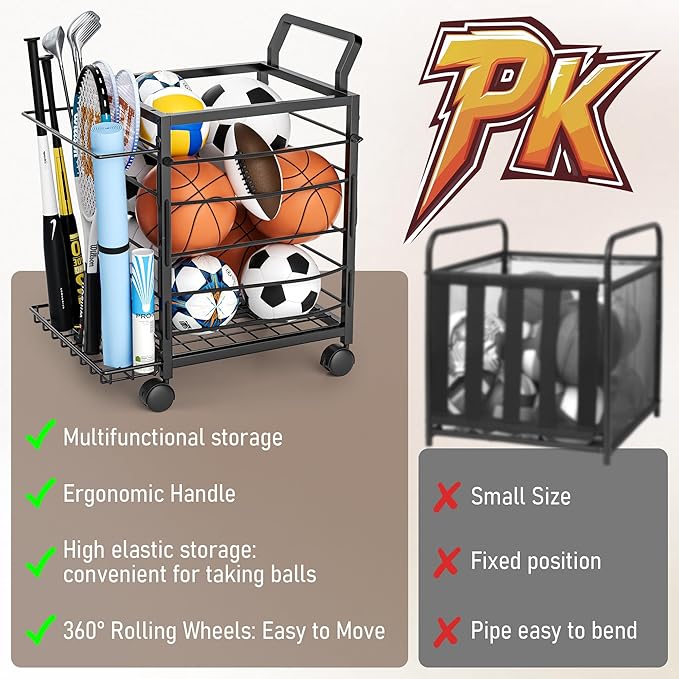 Sports Equipment Garage Organizer,Garage Ball Storage Rack for Sports with Wheels-Upgraded Sports Organizer Rack Outdoor Basketball Racks for Balls with Holder and Hooks (Black)