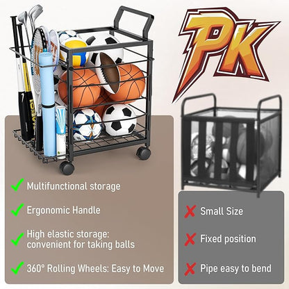 Sports Equipment Garage Organizer,Garage Ball Storage Rack for Sports with Wheels-Upgraded Sports Organizer Rack Outdoor Basketball Racks for Balls with Holder and Hooks (Black)