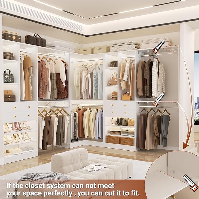 Large Closet System (Set of 3) with 4 Drawers, 8 Hanging Robs, 91.5"/151" Closet Organizer System with Corner Tower, Reversible Walk-in Closet System Corner Closet System, White