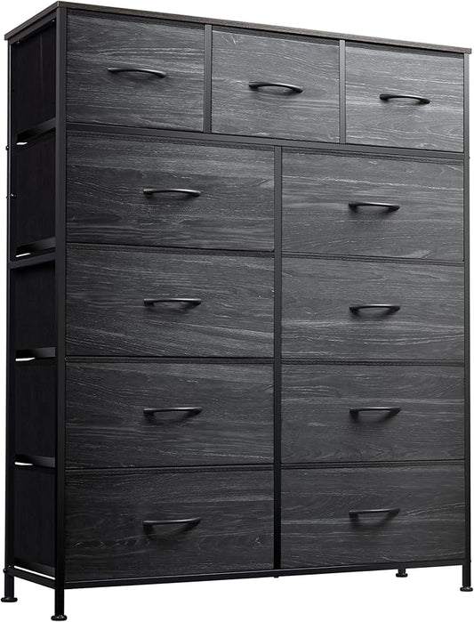 WLIVE Tall Dresser for Bedroom, Fabric Dressers Storage Tower, Dresser & Chest of Drawers with 11 Drawers, Storage Cabinet, Hallway, Closets, Steel Frame, Wood Top, Charcoal Black Wood Grain Print