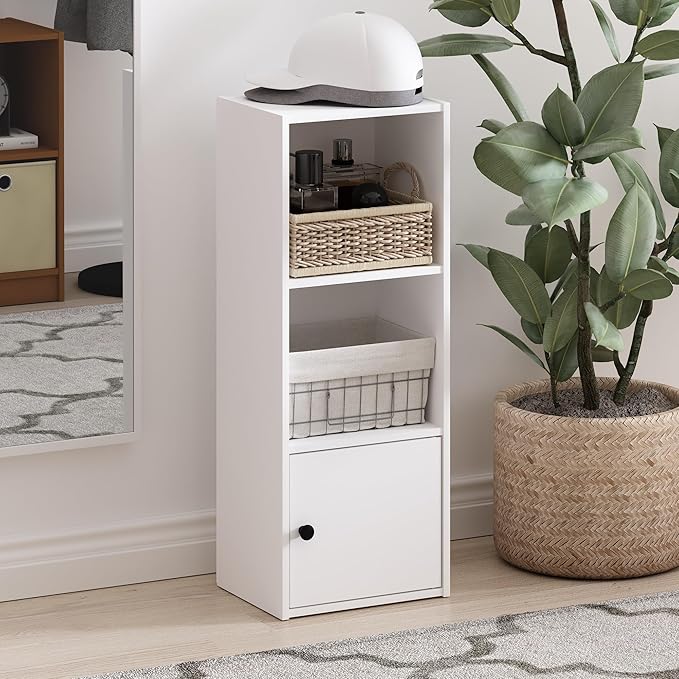Furinno LUDER Book Shelf, 3-Tier Modern Bookshelf, Bookcase with 1 Door Storage Cabinet, 9.3 x 12 x 31.5, for Living Room, Bedroom, Home Office, White
