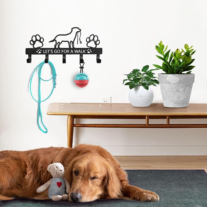 PET ARTIST Dog Leash Holder for Wall, Metal Dog Leash Hooks for Wall Decorative, Dog Leash Hanger Organizer Wall Mount with 5 Hooks, Dog Stuff Storage Organizer for Key Holder Dog Collar and Leash Set
