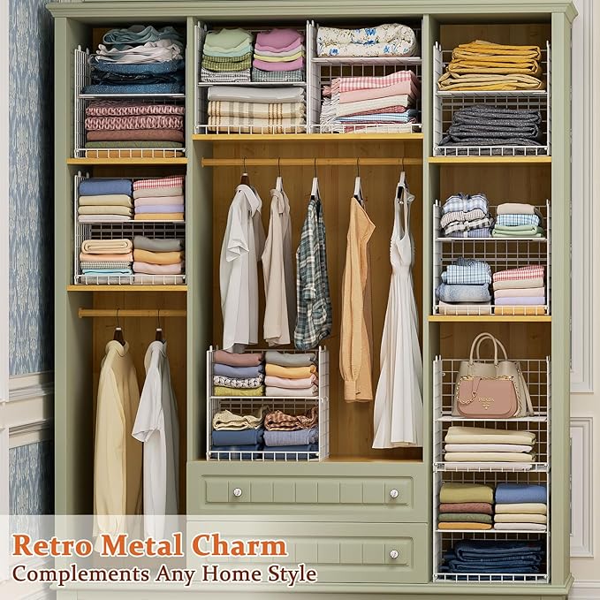 8-Tier Stackable Closet Organizers, Foldable Wardrobe Basket, Metal Closet Organizer and Closet ShelvesWhite