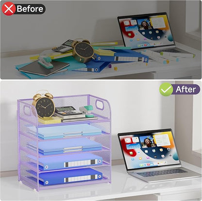 5-Tier Stackable Paper Organizer with Handle, Purple Metal Mesh Letter Tray | Elegant Desk File Sorter for Office, Home & Classroom Organization
