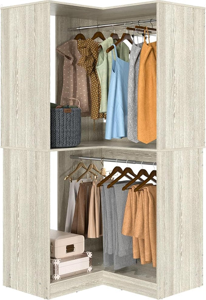 Armocity Corner Closet System, 32 Inches Wide Wood Corner Unit with 2 Hanging Rods and All Hardware Kits, 3-Tier 80'' Height Corner Wood Closet Tower, White Oak