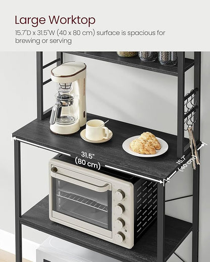 VASAGLE Coffee Bar, 31.5 Inches Baker's Rack for Kitchen with Storage, 6-Tier Kitchen Shelves with 6 Hooks, Microwave Stand, Industrial, Charcoal Gray and Ink Black UKKS019B22