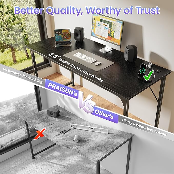 PRAISUN 55 X 20 Inch Office Computer Desk with Power Outlets and USB-C Port, Larger and Longer Gaming Desk, for Home Office, Study, Bedroom, Writing Work from Home Table, Metal Frame, Black