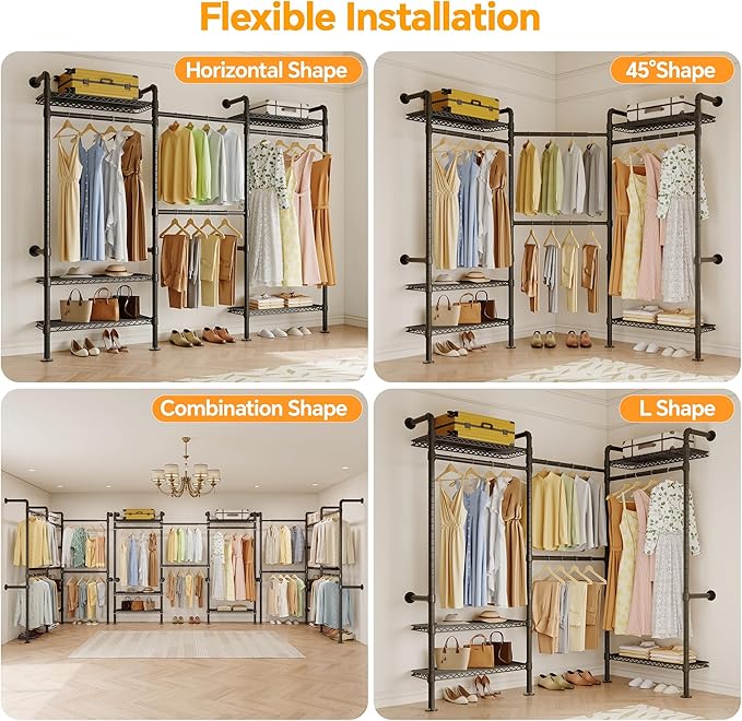 W3 Industrial Pipe Clothing Rack, Wall Mounted Clothes Rack Closet Wardrobe System with Expandable Hanger Rods Adjustable Storage Shelves, Heavy Duty Corner Walk-in Closet System, Black