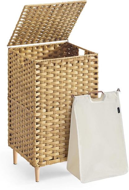 SONGMICS Laundry Hamper with Lid, 25 Gal (95L) PE Rattan Laundry Basket with Removable Washable Liners, for Bedroom & Living Room, Goose Yellow ULCB221YE01
