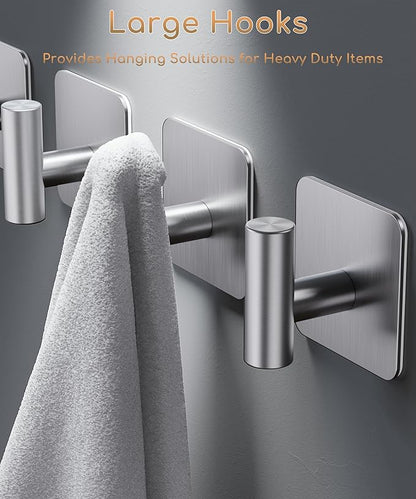 4 Pack Large Heavy Duty Wall Hooks - 26lb Max, Stainless Steel Adhesive Towel Hook, Shower Hooks for Hanging Towel, Coat, Robe, Wall Hook for Use in Bathroom, Kitchen and Door