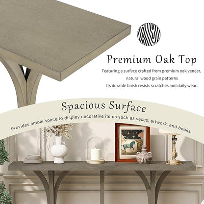 59.8" Wooden Console Table with Oak Veneer Top,Farmhouse Entryway Table with Rubber Wood Slender Curved Legs,Perfect for Living Room,Entryway,Hallway,Grey