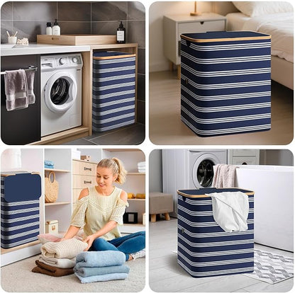 BALEINE Laundry Hamper with Lid, Tall Laundry Baskets with Bamboo Pull Handles, Large Laundry Bin with Internal Support (36 Gal/140L, Blue Pinstripe)