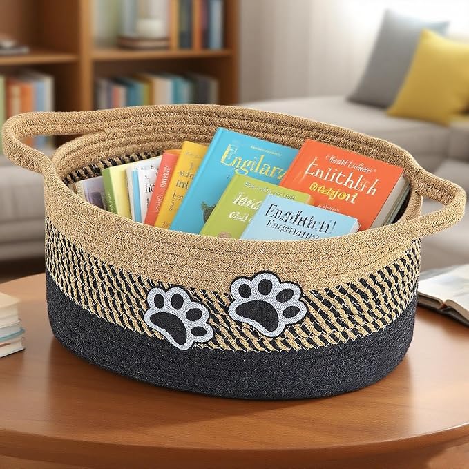 Small Woven Cotton Rope Nursery Organizer Bins, Dog Toy Basket Bins with Handle, Cute Empty Baby Gift Storage Baskets with Paw