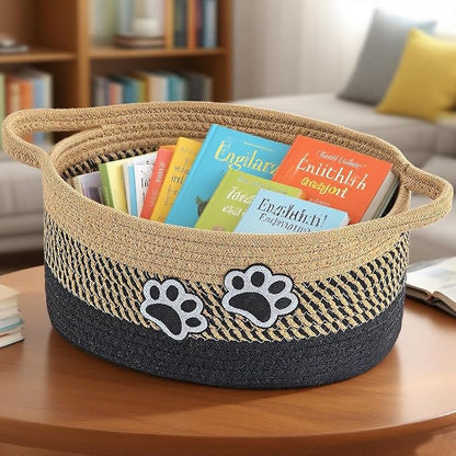 Small Woven Cotton Rope Nursery Organizer Bins, Dog Toy Basket Bins with Handle, Cute Empty Baby Gift Storage Baskets with Paw