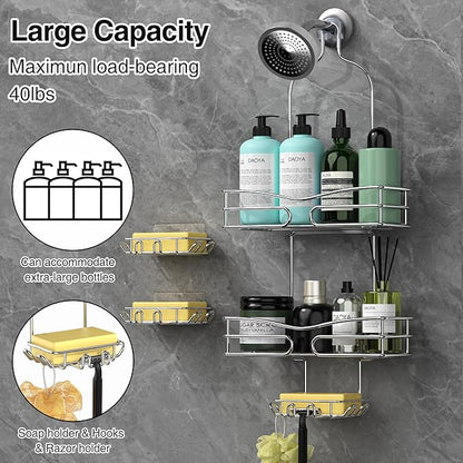 Over the Shower Head Caddy - 2-Tier Shower Caddy Hanging with 2 Movable Soap Holder, Stainless Steel Hanging Bath Organizer with High Guardrail for Bathroom, Silver