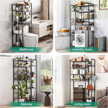 8-Tier Over The Toilet Storage with Side Rack, Over Toilet Storage Rack with Adjustable Shelf & Drain Basket, Freestanding Bathroom Organizer for Balcony, Laundry (Modern Grey)