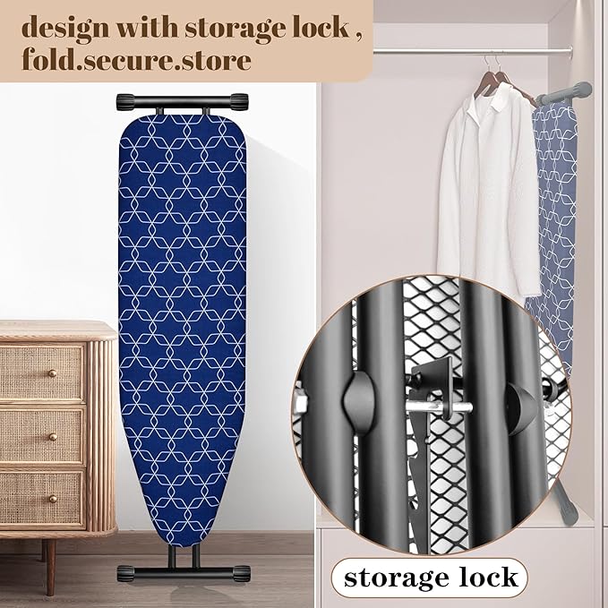 Classic Ironing Board, Compact and Space Saver,Size 43 x 13 Ironing Board, Extra Wide Ironing Area with Extra Thick Heavy Duty Padded, Stable Structure,Easy to Fold Blue Geometry