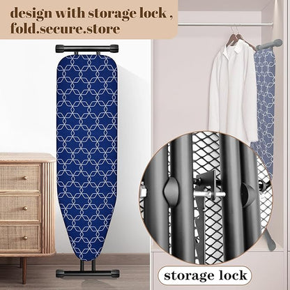 Classic Ironing Board, Compact and Space Saver,Size 43 x 13 Ironing Board, Extra Wide Ironing Area with Extra Thick Heavy Duty Padded, Stable Structure,Easy to Fold Blue Geometry