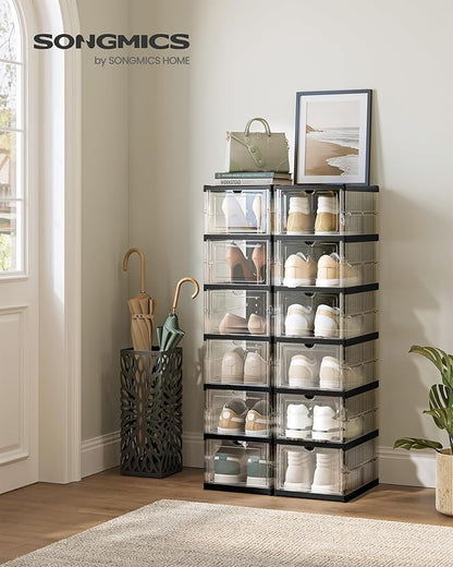 SONGMICS Foldable Shoe Boxes, Pack of 12 Stackable Shoe Storage Organizer, Set of 2 Integraed Shoe Cabinets, Portable, Fit up to US Size 13, 60s Assembly, Transparent and Ink Black ULSP206B01