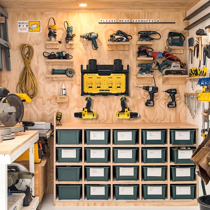 Wall Mount Bracket for DeWalt DCB104 Charger and Battery, Metal Black Rugged 4 Battery Holder and Charger Holder for Tool Room and Garage