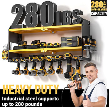 YYR Power Tool Organizer Wall Mount, Cordless Drill and Battery Holder, Electric Tools Hanger Storage Rack with Charging Station, Garage Organization Floating Shelf - Made of Heavy Duty Metal, Yellow