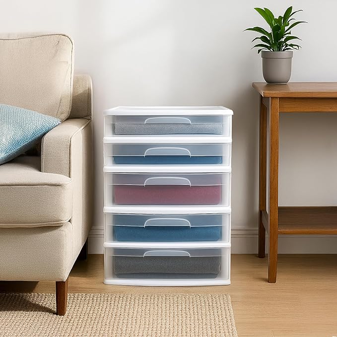 HOMZ Drawer Tower, 5-Tier Extra-Wide Clear Plastic Storage Organizer Cart, White Frame - Organizing Containers for Home, Office, Bathroom, Bedroom, and Classroom
