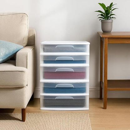 HOMZ Drawer Tower, 5-Tier Extra-Wide Clear Plastic Storage Organizer Cart, White Frame - Organizing Containers for Home, Office, Bathroom, Bedroom, and Classroom