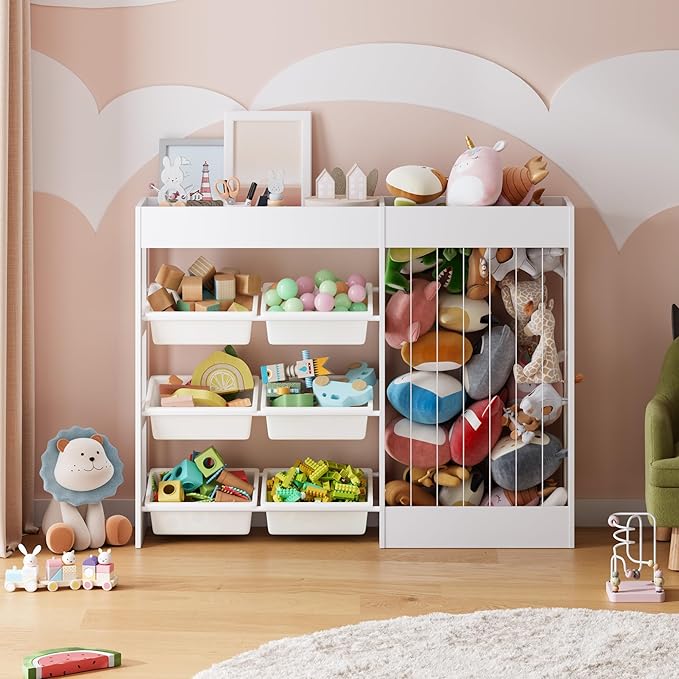 50.6" W Toy Storage, 3-in-1 Large Kids Toy Organizers and Storage with Stuffed Animal Zoo, 6 Removable Plastic Bins, Wooden Toddler Cabinet for Girls Boys Playroom, Nursery, Home Decor(White)