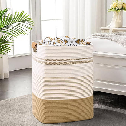 Laundry Hamper, 95L Tall Laundry Basket with Leather Handles, Rectangle Large Clothes Hamper for Organizing, Cotton Woven Laundry Baskets Storage Hampers for Bedroom, Nursery, Living Room