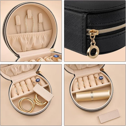 ProCase Travel Size Jewelry Box, Mini Portable Seashell-Shaped Jewelry Case, 2 Layer Organizer in PU Leather for Women -Black