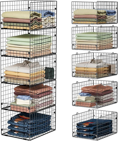 5-Tier Stackable Closet Storage Baskets, Closet Organizers and Storage Shelves, Foldable & Stackable Clothes Storage Bins for Closet Organizer System, Closet Shelf Organizer for Home,Black