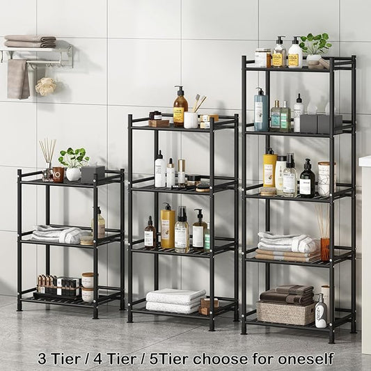 4 Tier Bathroom Storage Open Shelf Unit, Free-Standing Metal Corner Rack Shelving for Kitchen, Living Room, Hallway (Black, Wider 4 Tier)