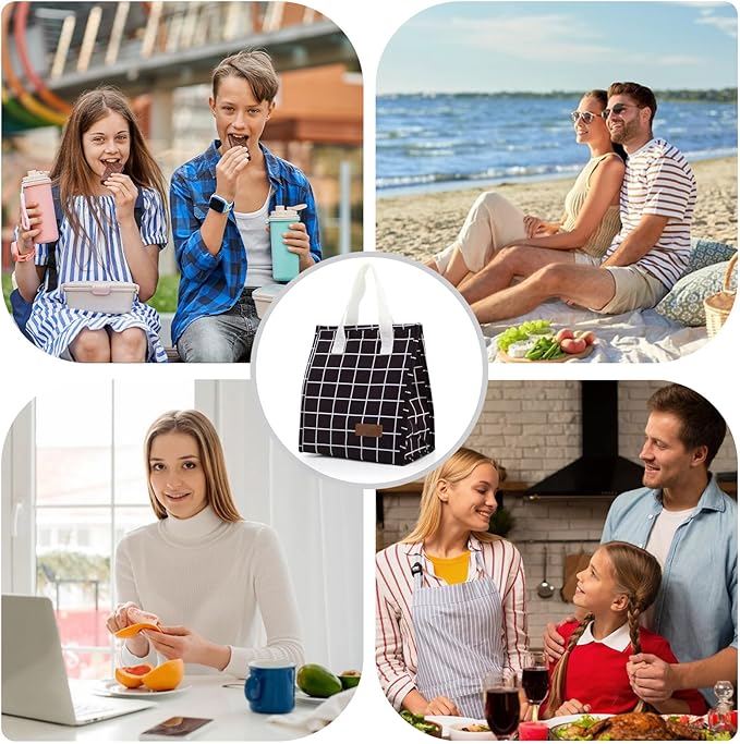 TELLUMO Lunch bag, Insulated Lunch Bag for Women Men Large Lunch Box Container Reusable Leakproof Tote for Office, Work, School, Beach or Travel (Black Grid)